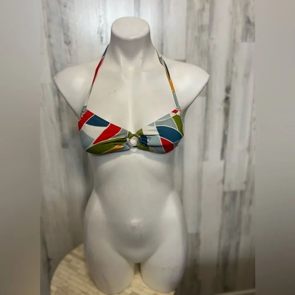 Retro Multicolor Bikini Top Small Ring Detail Halter Tie Back Colorblock Swim To